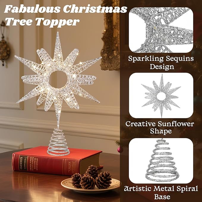 Lewondr Christmas Tree Topper, 14.17'' Metal Xmas Star Tree Topper with 30 LED Bulbs, USB Remote Control Glittered Sunflower Treetop, 6H Timer, 8 Light Modes Christmas Decorations for Home, Silver