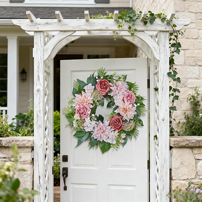24 Inch Spring Wreath for Front Door with Roses Dahlias Silk Flowers with Berry Greenery for All Seasons Indoor Outdoor Porch Wedding Wall Farmhouse Porch Wall Living Room Home Widding Decor
