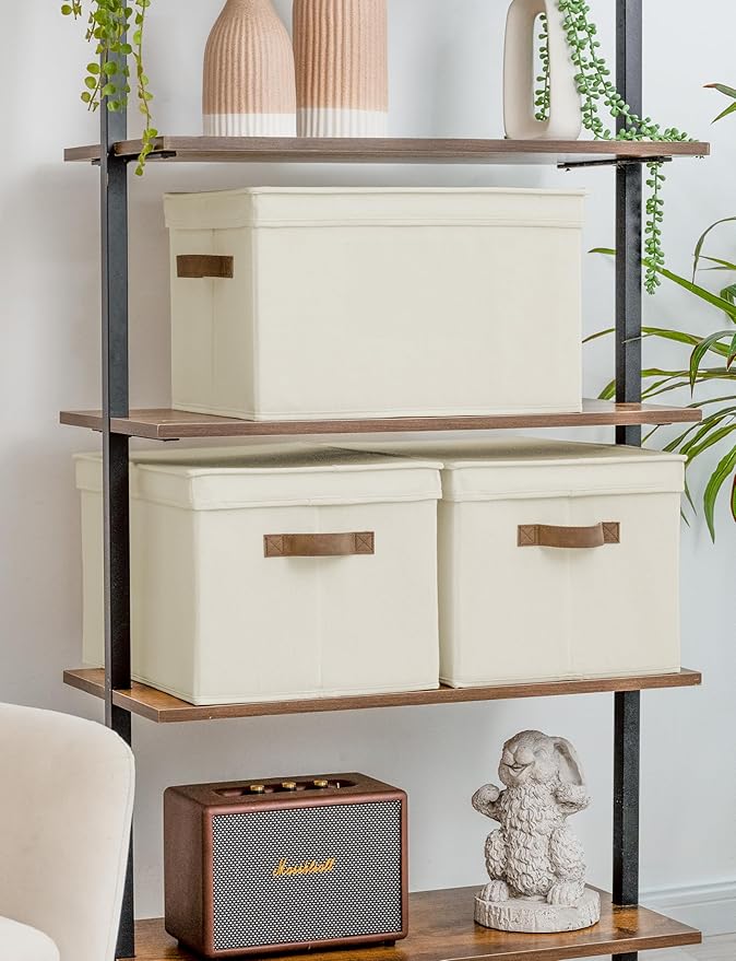 StorageWorks Storage Bins with Lids, Decorative Storage Boxes with Lid and PU Handles, Foldable Storage Baskets for Closet, Shelves, Stackable, Ivory, Jumbo, 3-Pack