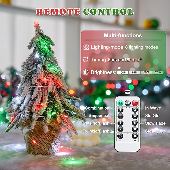 JMEXSUSS 2 Pack Christmas Fairy Lights Battery Operated with Remote, Total 200 LED 66ft Battery Powered Twinkle String Lights for Bedroom Tree Mantel Wall Ceiling Christmas Decor, Red White and Green
