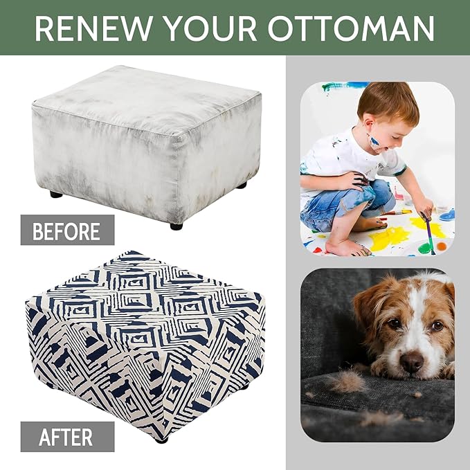 HAOYONG Ottoman Cover Square, Stretch Ottoman Slipcover Printed, SoftFoot Stool Cover Protector with Nonslip Elastic Bottom Removable Washable
