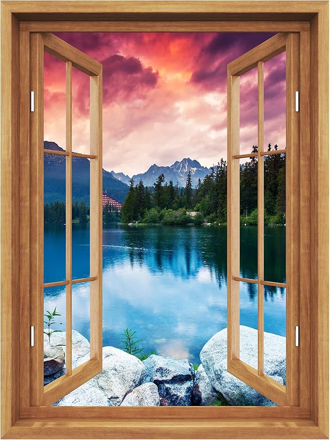 SIGNWIN Removable Wall Sticker/Wall Mural Window View Vibrant Purple Mountain Sunset Nature Wilderness Photography Realism Decorative Landscape Digital Art for Living Room, Bedroom, Office - 36"x48"