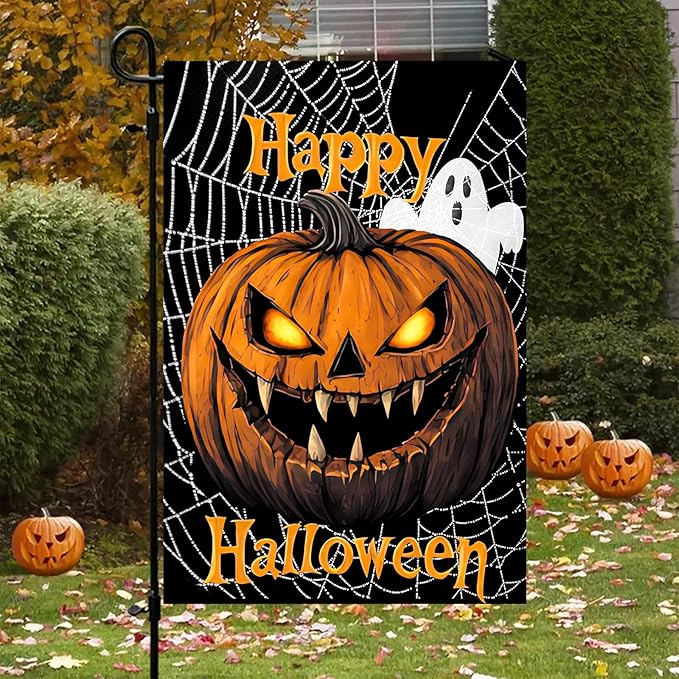 Halloween Garden Flag Double Sided 12x18 Inch Scary Pumpkin Ghost Spider Web Yard Sign Gothic Spooky Outdoor Banner Creepy Jack Lantern Face Holiday Lawn Porch Decoration