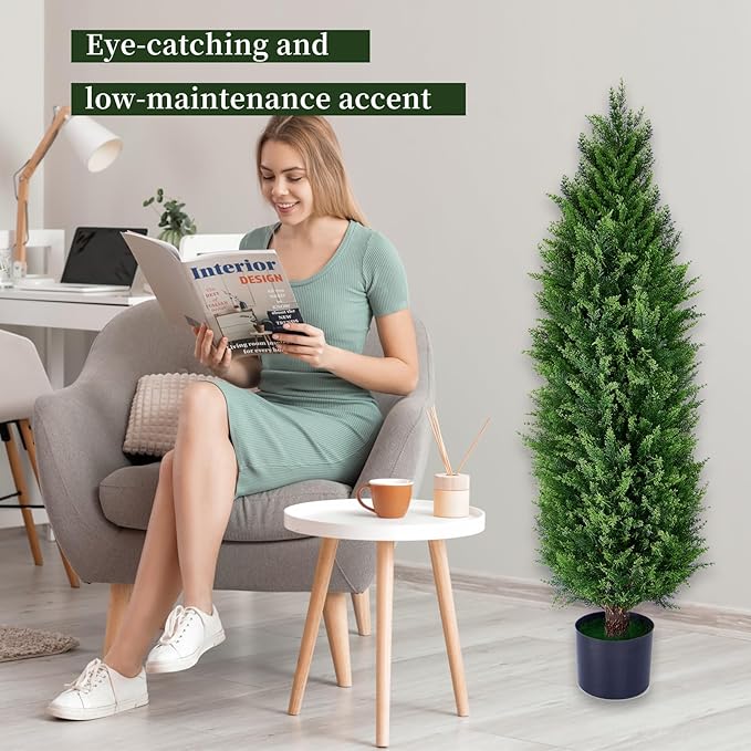Artificial Cedar Topiary Trees, Set of 2 Lifelike Faux Pruned Cypress with Heavy-Duty Planters – UV-Resistant Outdoor Artificial Shrubs for Indoor/Outdoor Decor (40 Inches)