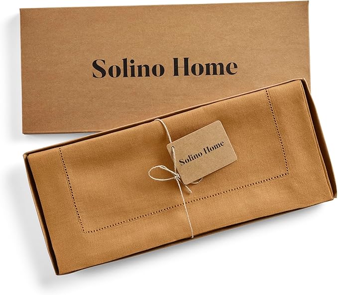 Solino Home Linen Table Runner 60 Inches - 100% Pure Linen Brown Sugar Hemstitch Table Runner 14 x 60 Inch Ideal for Dresser and Coffee Tables - Classic Hemstitch