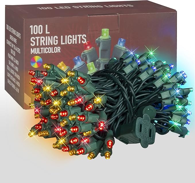 Dazzle Bright 33FT 100 LED Christmas String Lights Indoor Outdoor Waterproof, Multi-Colored Christmas Lights Green Wire, Twinkle Lights Plug in for Tree Room Bedroom Wedding Christmas Decorations