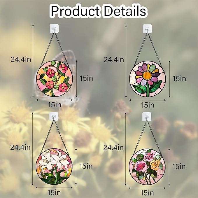 Stained Glass Window Hanging 4 Pcs Set Pink Floral Theme Large 15" - Flowers Suncatcher Door Garden Sun Catcher Decor Birthday Christmas for Mom Woman Nana Men Friend
