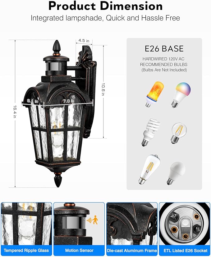 VIANIS Outdoor Motion Sensor Light, Oil Rubbed Bronze Porch Lights Outside Lantern, 16.4" H Dusk to Dawn Outdoor Lighting, 100% Aluminum Exterior Lighting Fixtures for House, Garden, Patio