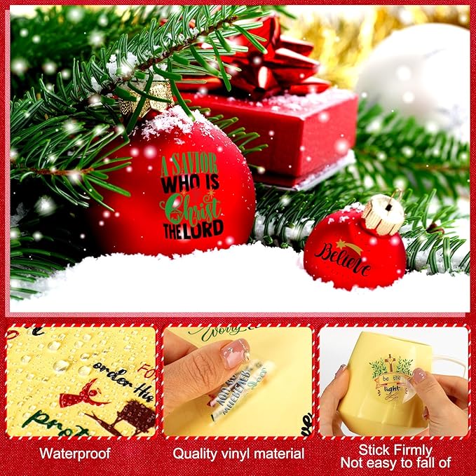 Fainne 100 Pcs Christmas Word Stickers for Crafts Christmas Vinyl Inspirational Stickers Waterproof Xmas Decals for Ornament Ball Wooden Cup Glass Water Bottle Decoration, 50 Style(Cross)