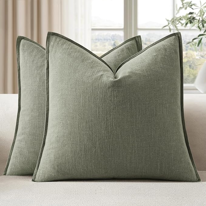 EMEMA Throw Pillow Covers Decorative Linen Pillow Covers 20x20 Inch Light Olive Green Boho Farmhouse Neutral Couch Throw Pillows for Bed Pack of 2 Accent Pillowcase Modern Sofa Cushion Livingroom Home