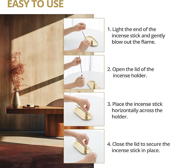 Brass Incense Holder with Tray Set – Zen Meditation Incense Stick Holder, Decorative Copper Incense Burner for Sticks, Elegant Spiritual and Aesthetic Home Decor for Gift Woman