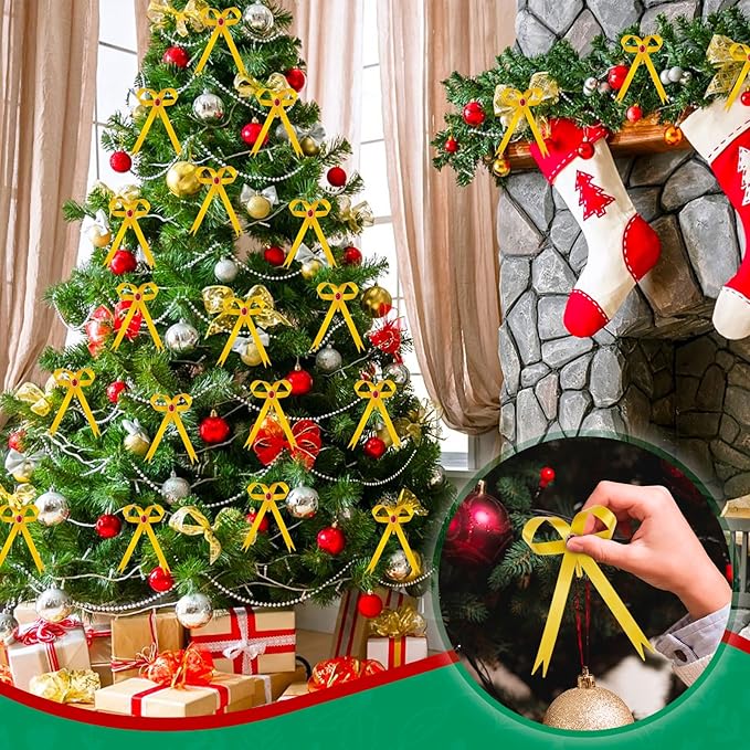 12 Pcs Gold Metal Bow Ornaments with Red Gem – 3.4x5.6 Clip-On Christmas Tree Bows, Elegant Gold Bow Decorations for Wreaths, Garlands, Weddings, Parties & Home Decor