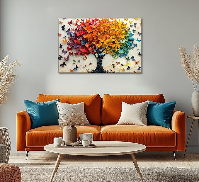 Colorful Butterfly Tree Canvas Wall Art Tree of Life Canvas Painting Picture Wall Decor Cute Butterfly Picture Poster Print Artwork for Wall Living Room Bathroom Bedroom Home Decoration