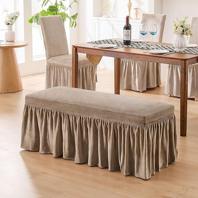 NICEEC Spandex Stretch Dining Bench Cover with Skirt Removable Bench Slipcover Rectangle Washable Bench Cushion Covers for Dining Room Living Room Bedroom Kitchen(Coffee)