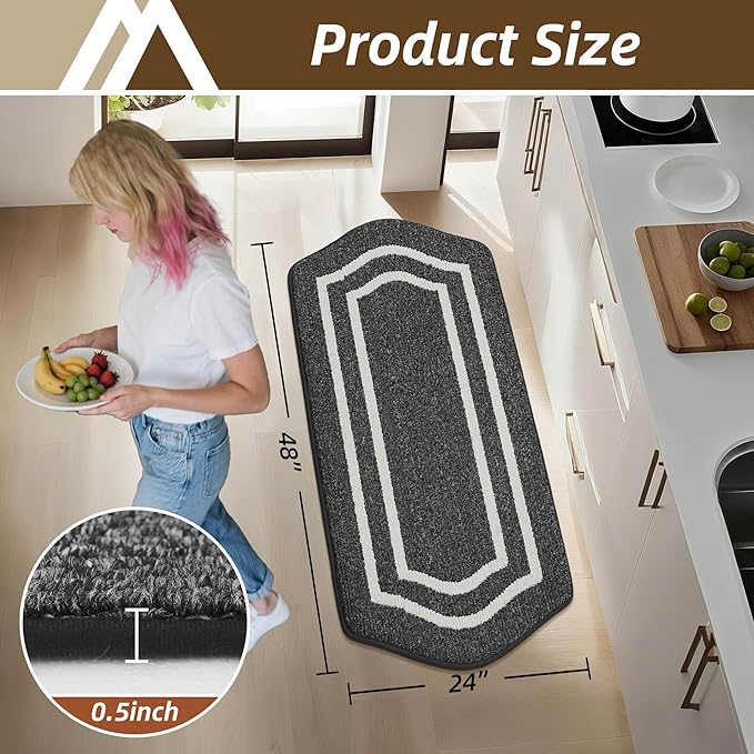 COSY HOMEER Kitchen Rugs and Mats 24"x48" Non Slip Kitchen Mats for Floor Washable Kitchen Runner Rug Stain Resistant Standing Mat for Kitchen,Sink,Polypropylene,Black