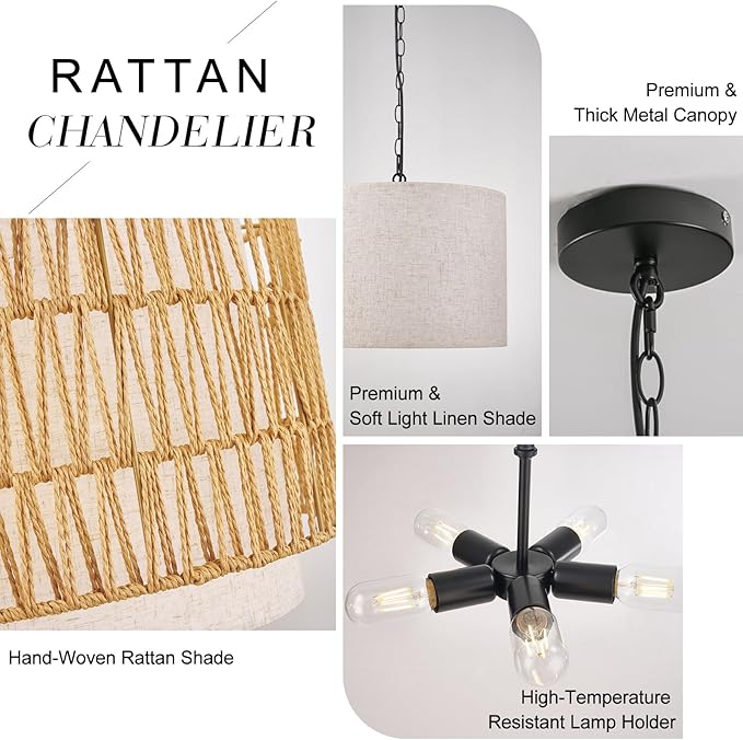 Rattan Drum Chandeliers for Dining Room, 19.7" 5-Lights(Bulbs Included) Boho Chandelier Light Fixture, Farmhouse Dining Room Light Fixtures Over Table, Hanging Light for Kitchen, Living Room, Bedroom