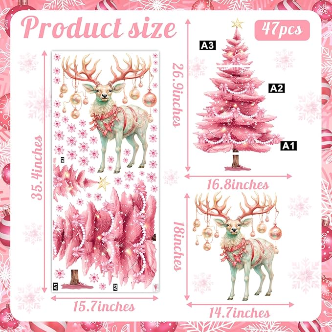 Pink Christmas Window Clings Large Christmas Pine Tree Decoration Decals for Glass Double-Sided Snowflake Elk Stickers Removable Xmas Reindeer Static Decal for Winter Holiday Party Home Indoor Decor