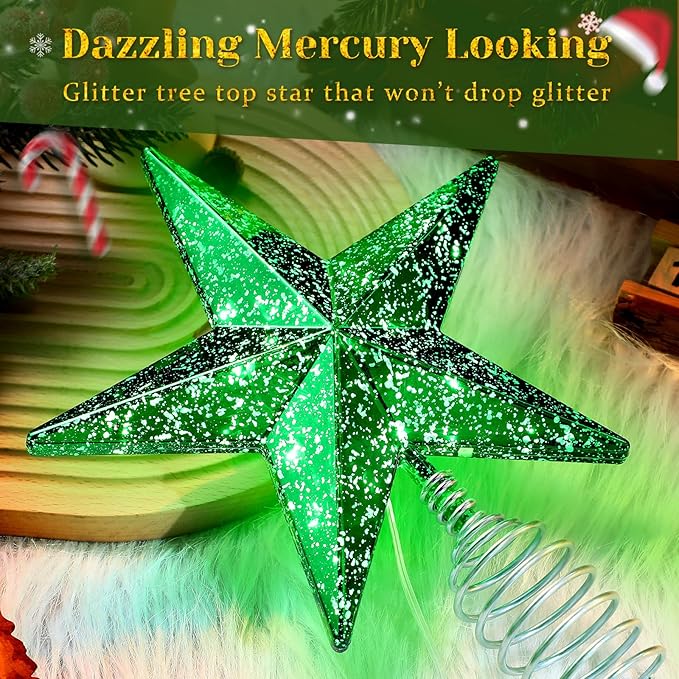 Green Christmas Tree Star Topper with Lights, 8.5-Inch Light-Up Christmas Tree Topper with Remote Control, 4 Brightness Levels & 8 Light Modes, Faux Mercury Glitter Design with 20 Lights