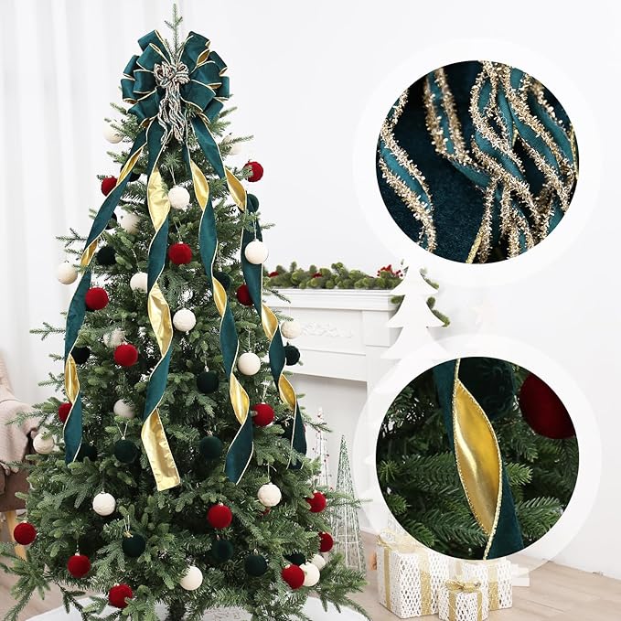 Green/Gold Velvet Christmas Tree Topper, 48x12 Inch Christmas Bow Tree Topper for Xmas Tree Decorations, for Xmas Ornaments Holiday Home Indoor/Outdoor Wedding Thanksgiving Decor.