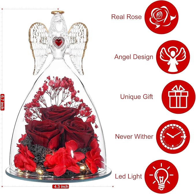 Mothers Day Rose Gifts for Women, Large Angel Figurines with Real Roses, Preserved Real Flower Rose for Her - Wine Red