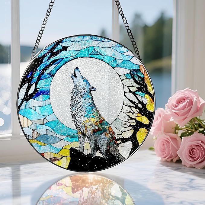Stained Glass Window Hanging, Stained Glass Suncatcher, Wolf Sun Catcher, Window Decor, Wolf Lover Gift, Gifts for Fathers Day, Christmas or Birthday Gift, Gifts for Men Him Dad Grandfather Son