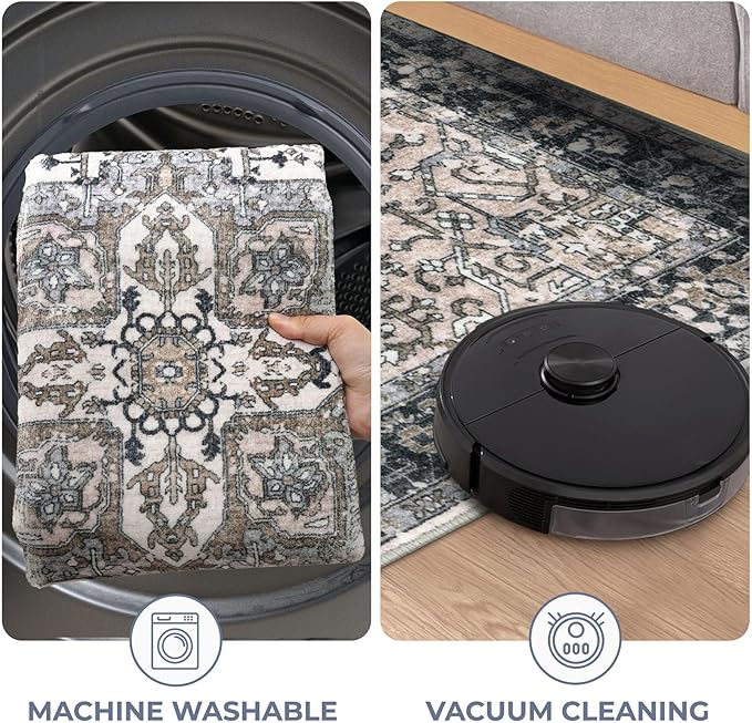 KOZYFLY Runners for Hallways 2x5 Ft Washable Kitchen Runner Rug Boho Runner Rug for Entryway Indoor Printed Oriental Faux Wool Floor Carpet Runner for Laundry Room Kitchen Hall, Black/Taupe/Beige