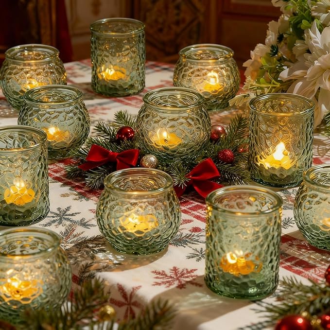 24-Piece Green Glass Votive Candle Holders Set – Tealight Candle Holder Glass Bulk with 12 Round & 12 Hammered Textured Cups, Green Votive Candle Holders for Weddings, Parties, Home