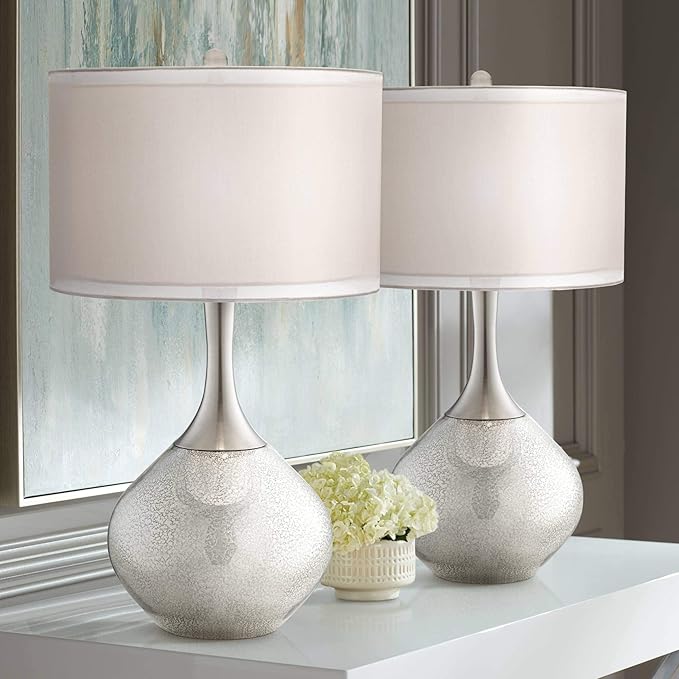 Possini Euro Design Swift Mid Century Modern Table Lamps 30.5" Tall Set of 2 Mercury Glass Chrome Double Sheer Drum Shade Decor Living Room Bedroom House Bedside Nightstand Home Office Entryway