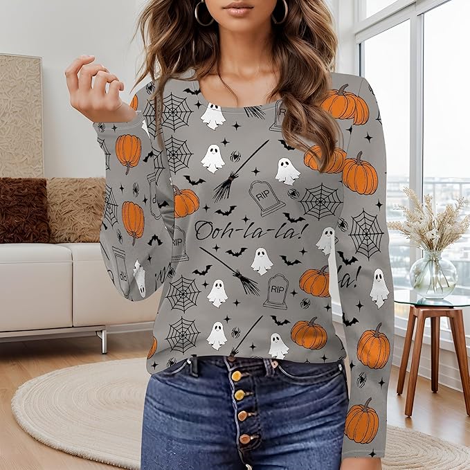 Halloween Sweatshirt Ghost Graphic U-Neck Sweatshirt Long Sleeve Breathable Plus Size Halloween Pullover Best Gift