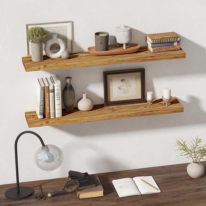 Rustic Wood Floating Shelves for Wall Decor, Reclaimed Elm Wood Live Edge Shelves 48 Inch Long, 8 Inch Deep Floating Shelf for Living Room Bathroom Bedroom, 48 x 8 Wall Shelves Set of 1, Natural Color