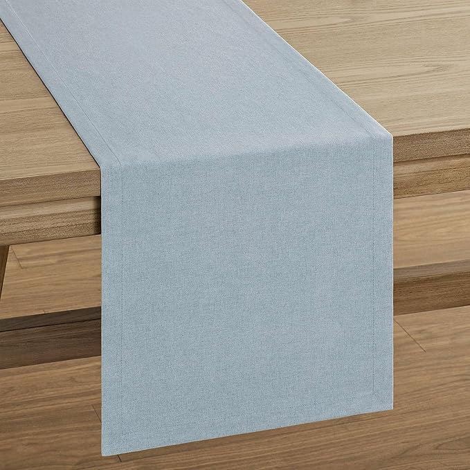 ZeeMart Basic Linen Style Table Runner, 14 x 108 Inch Blue Chambray, Rustic Farmhouse Light Dusty Blue Table Runners 108 Inches Long, Everyday Polyester Table Runner - Machine Washable & Easy Care