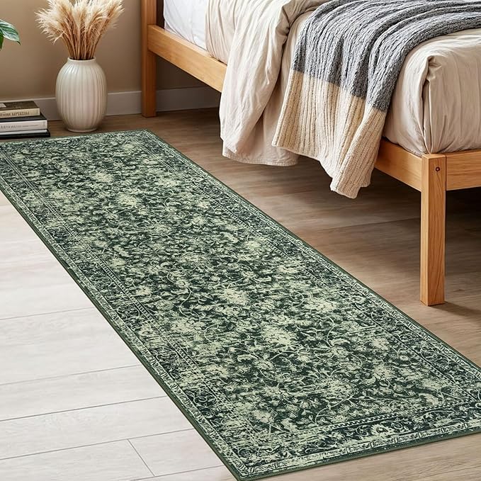 KILOCOCO Hallway Runner 2x6 Rug Runner Printed Vintage Floral Washable Kitchen Runners Non-Slip Rubber Backed Runners for Hallways Laundry Room Distressed Boho Rugs for Entryway Bedroom, Green