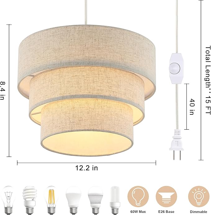 Plug in Pendant Light, Hanging Lamp with Dimmable Switch, Pendant Light Fixtures with 15 Ft Cord, Swag Light with Linen Fabric Shade for Bedroom, Kitchen, Living Room, Dining Table