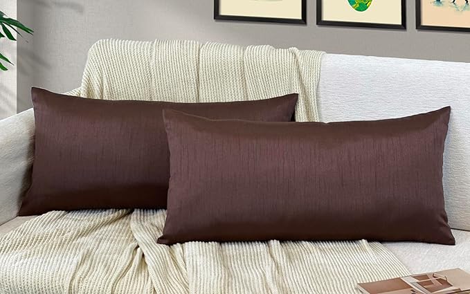 Aiking Home 12x24 Inches Faux Silk Rectangular Throw Pillow Cover, Zipper Closure, Brown (Set of 2)