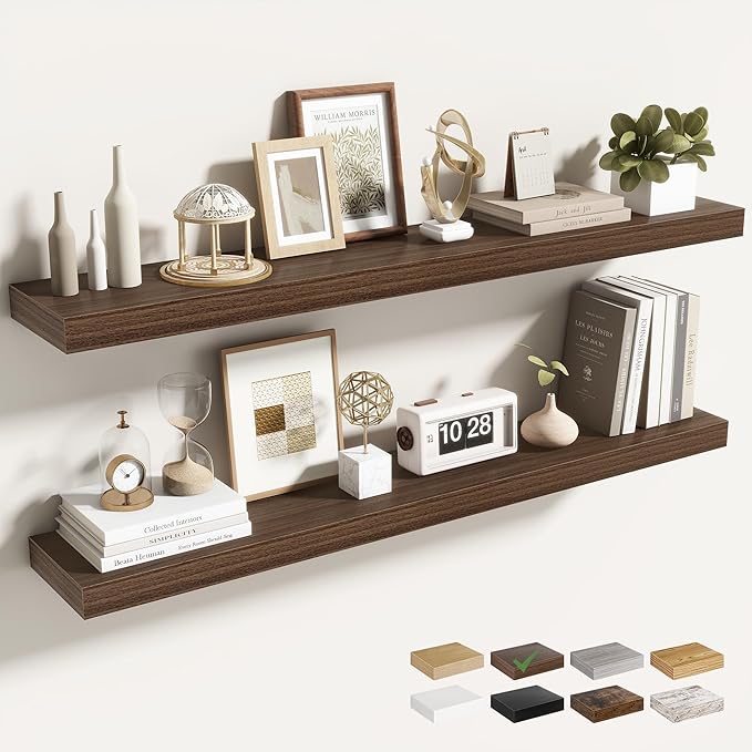 40 Inch Floating Shelves for Wall 2 Pack, 40" Wall Shelves for Books, Storage, Decor, Wall Mounted Floating Shelf with Invisible Brackets for Kitchen, Living Room, Walnut
