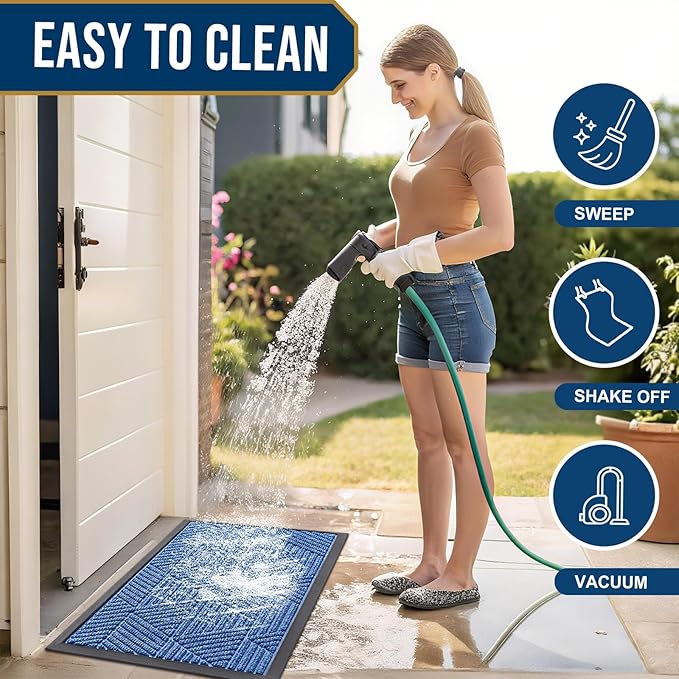 Smiry Front Door Mat Outside Entrance, Heavy Duty Sturdy Natural Rubber Doormat, Trap Dirt and Moisture, Easy Clean Low Profile Welcome Floor Mats for Indoor Outdoor Entry, 59x34 Inch, Blue