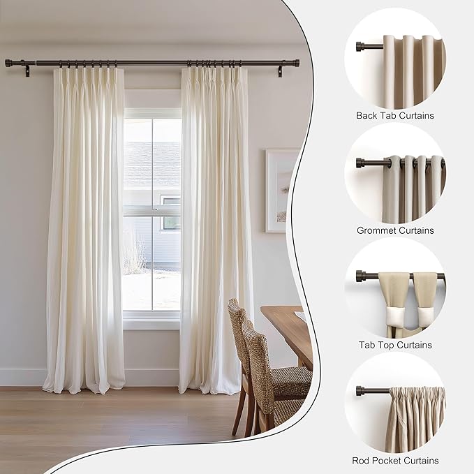 PORTRES Brown Heavy Duty Curtain Rods for Windows 66 to 120 Inches Adjustable Length 1" Diameter Curtain Rod with Modern Decorative Finials for Outdoor Farmhouse Bedroom Kitchen Living Room