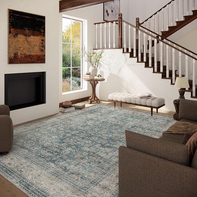 Machine Washable Living Room Rug: 8x10 Area Rugs for Bedroom Vintage Stain Resistant Non Slip Low Pile Lightweight Boho Carpet for Kitchen Dining Room Farmhouse Kids Room Nursery