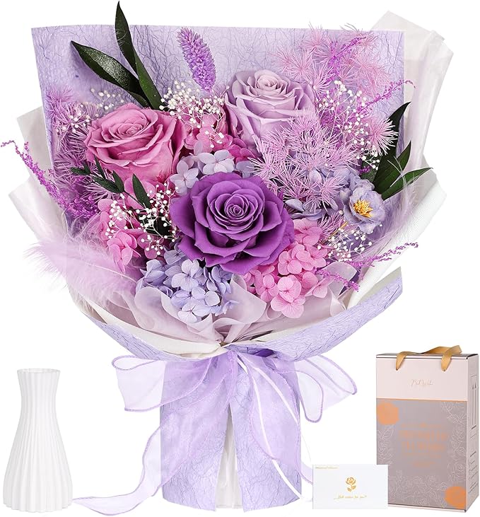 Preserved Bouquet of Flowers - 3 Roses & Flowers for Delivery, Long-Lasting Real Lavender Forever Flowers, Eternal Roses Bouquet for Mothers, Mom, Wife Anniversary Birthday Gifts for Women Grandma