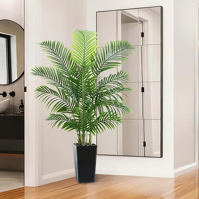 Artificial Palm Tree 5FT - Tall Fake Tree with Black Taper Planter & Pebbles, UV Resistant for Indoor & Outdoor, Large Potted Faux Plant, Tropical Areca Floor Plant for Living Room, Office, Home Decor