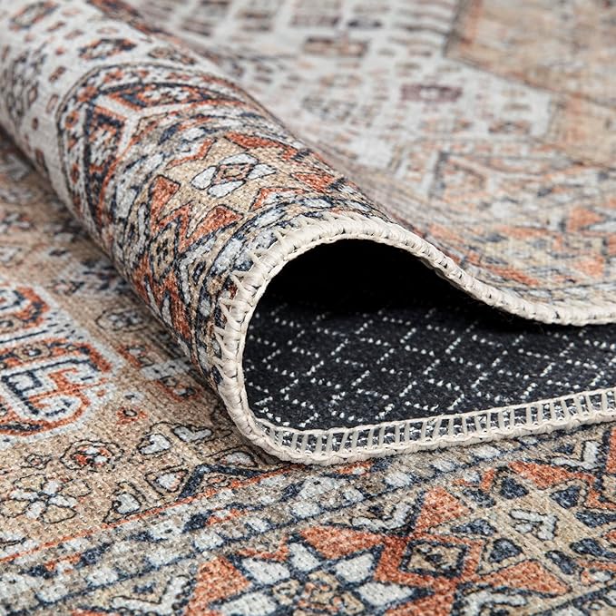 Bloom Rugs Washable Non-Slip 10 ft Runner - Sand/Orange/Purple Traditional Medallion Runner for Entryway, Hallway, Bathroom, and Kitchen - Exact Size: 2.5' x 10'