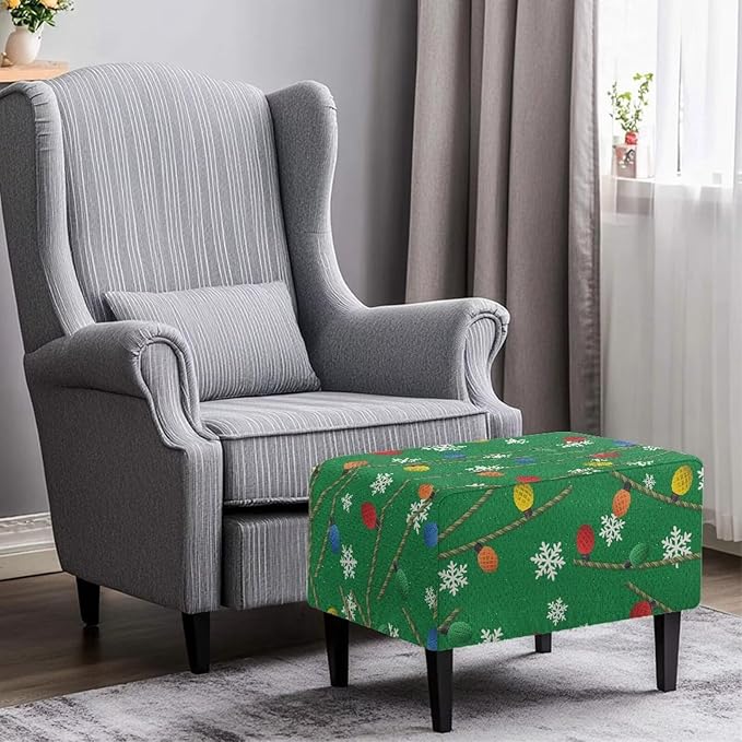 Christmas Light Snowflake Ottoman Cover - Elastic, Stretch Fit Slipcover for Rectangular Footstools, Machine Washable Holiday Decor, 30x24x15 Inch