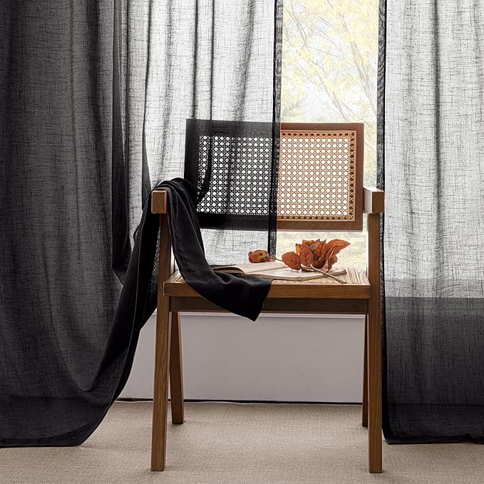 ANRODUO Extra Long Black Linen Curtain 120 Inch Long Back Tab Light Filtering Semi Sheer Modern Farmhouse Cotton Textured Ceiling to Floor Window Panels for Living Dining Room Bedroom Decor 2 Panels