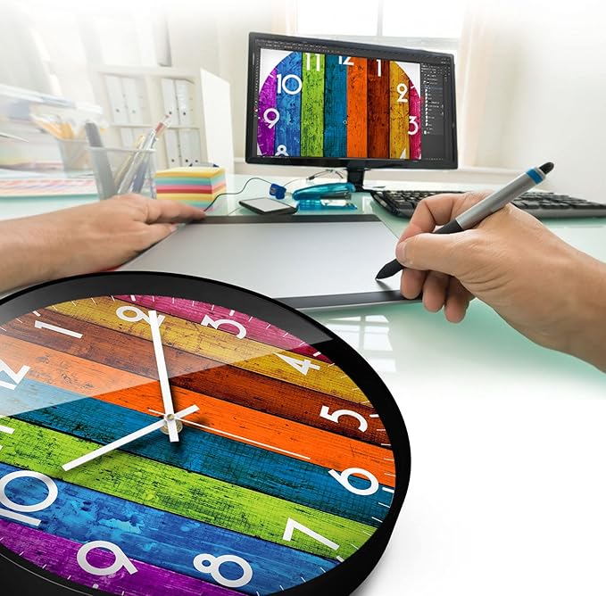 Silent Non-Ticking Wall Clock Colorful Multicolour Analog Large Display Mid Century Modern Battery Operated Quiet Unique Clock Vintage Decor for Living Room Garage Kitchen Kids Room Bathroom 12inch