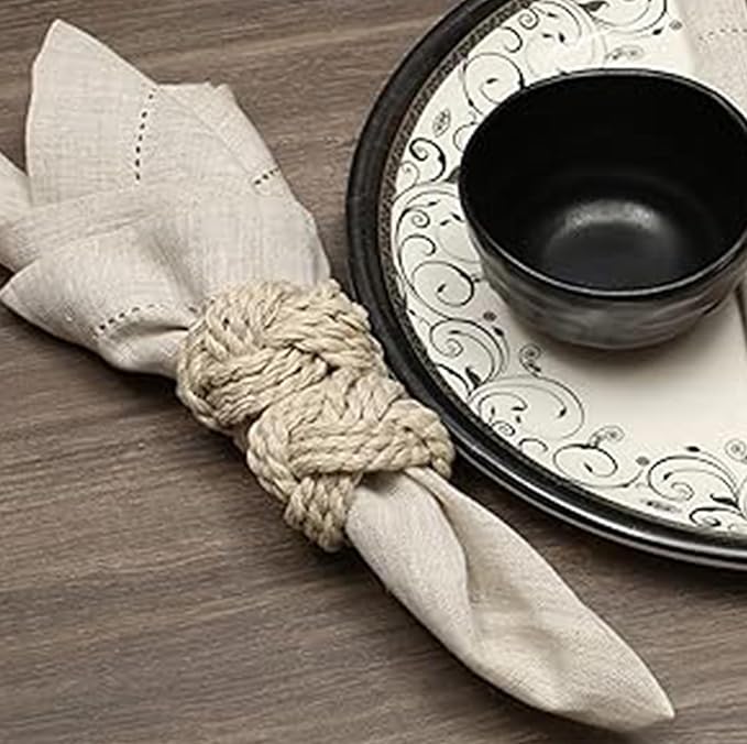 ALPHA Living HOME Napkin Rings Set of 12 - Handmade Jute Napkin Holders for Dining Table, Wedding, Party & Everyday Use Rustic Farmhouse Table Décor Elegant Serviette Rings for Dinner (Creme)
