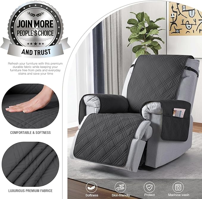 TAOCOCO 100% Waterproof Recliner Chair Covers, Non Slip Recliner Covers for Recliner Chair with Pocket, Washable Reclining Chair Cover Furniture Protector for Kids,Dogs(25'', Charcoal Gray)
