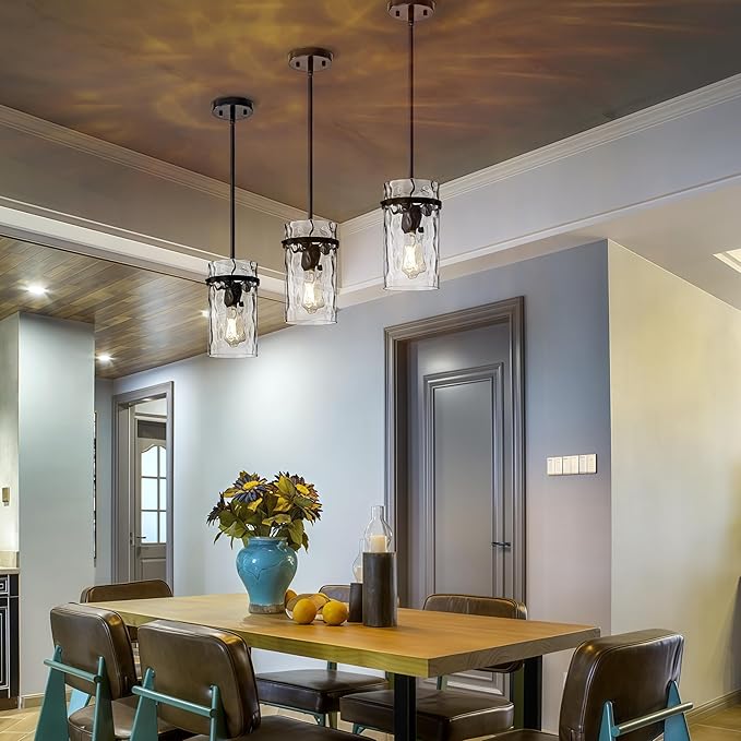 Black Hammered Hand-Blown Glass Pendant Light Modern Pendant Lights Kitchen Island, Hammered Glass Pendant Light Fixtures Farmhouse Dining Room Light Adjustable Pendant Lighting over Sink 2 Pack