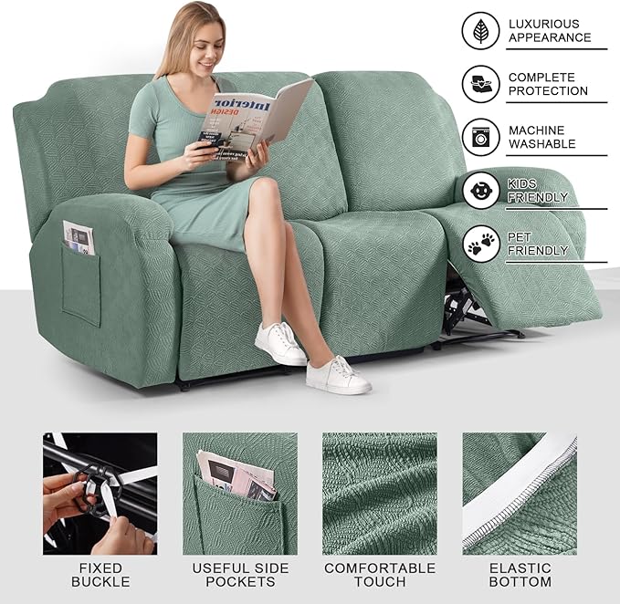 Timeles Recliner Covers for 3 Seater Reclining Sofa Slipcover Furniture Protector for Dogs and Pets Stretch Soft Washable (Three-Seater, Winter Mint)