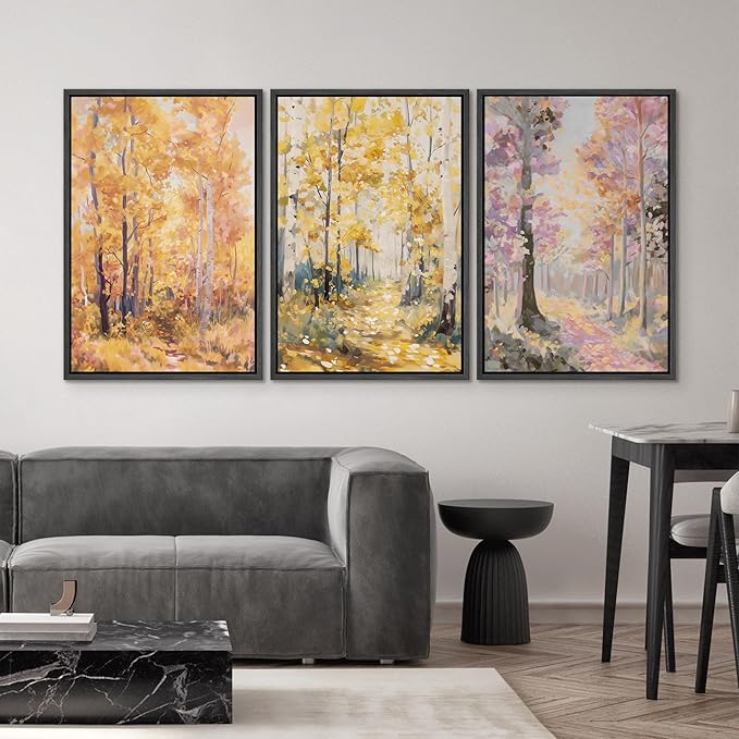 SIGNWIN Framed Canvas Print Wall Art Set Golden Autumn Forest Path Impressionist Landscape Illustrations Modern Art Decorative Chic Calm for Living Room, Bedroom, Office - 16"x24"x3 Black
