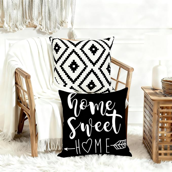 Decorative Throw Pillow Covers 18x18 inch Set of 4 Black White Pillow Covers for Couch Sofa Bed Living Room,Farmhouse Outdoor Throw Pillow Cover,Geometric Linen Square Throw Pillow Cases